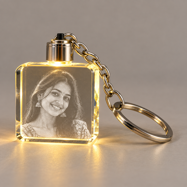 Square Crystal Keychain with Light — sample engraved portrait