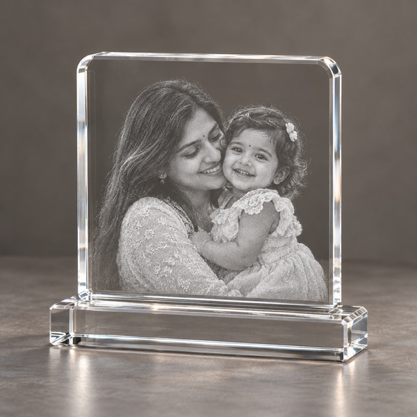 Square Photo Crystal with Stand with sample laser engraving