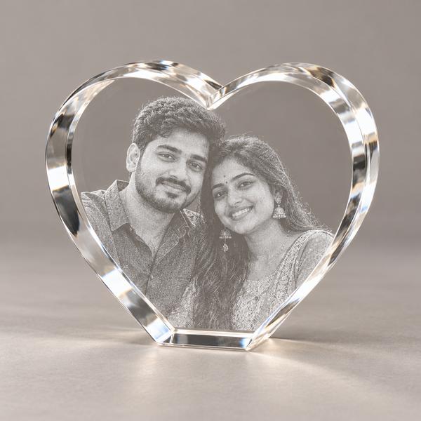 Thick Heart Photo Crystal — sample engraved portrait