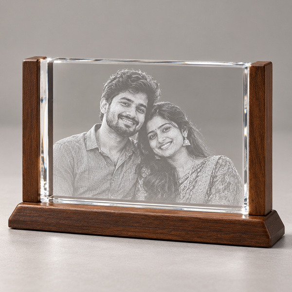 Wooden Crystal Photo Frame — sample engraved portrait