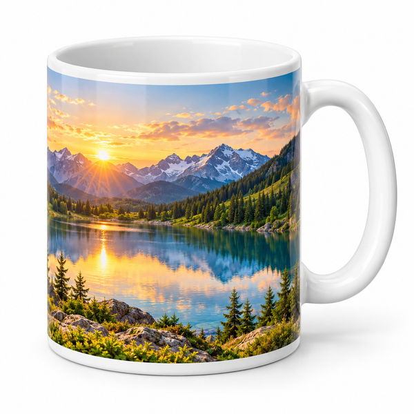 Personalized 11 oz white ceramic full photo mug – sample landscape print; customise with your own photo
