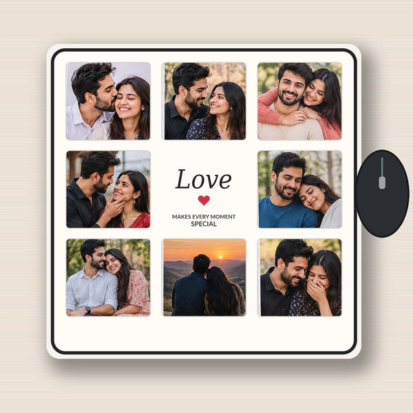 Love Memories custom mousepad straight front view, eight-photo same-master design