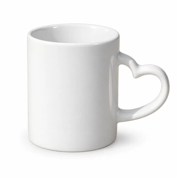 Personalized white 11 Oz mug with heart shaped handle