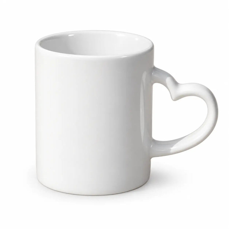Personalized white 11 Oz mug with heart shaped handle
