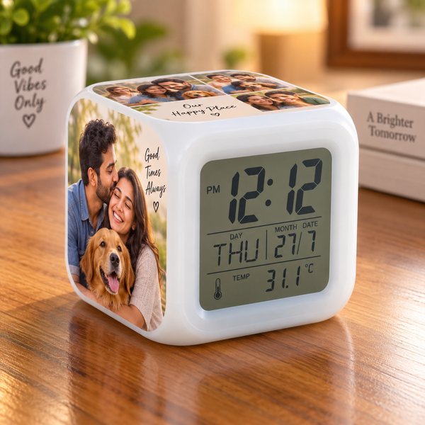 Customized photo cube digital alarm clock with personalized photos