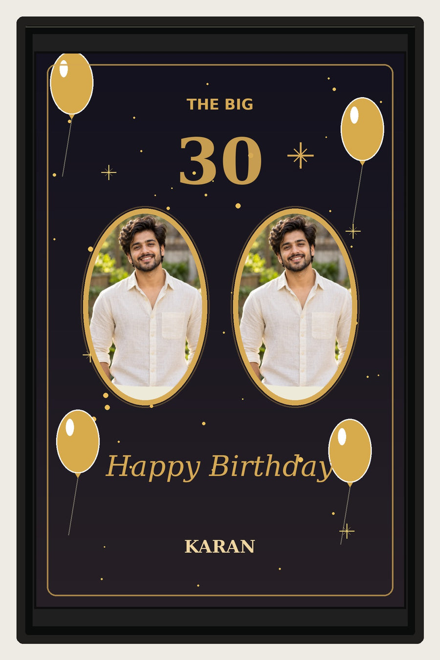 Golden Milestone 30 Birthday Photo Frame black frame 2:3 portrait sample preview
