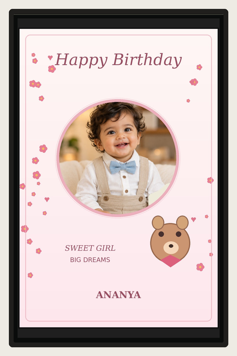 Sweet Teddy Birthday Photo Frame black frame 2:3 portrait sample preview