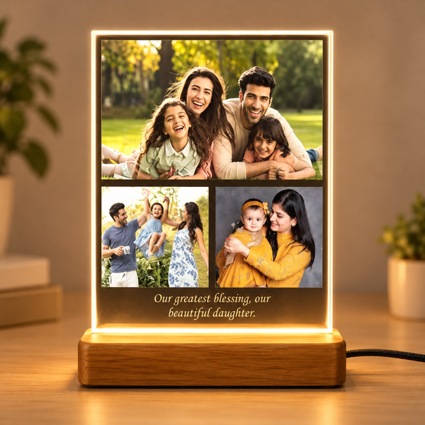 Straight front view of personalised family memories 3-photo acrylic LED lamp | Cartwala