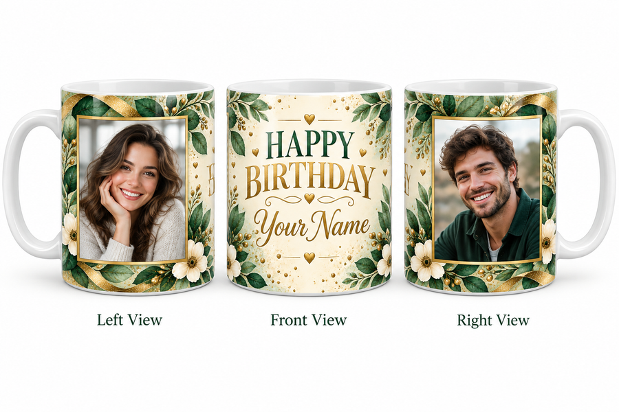 Green Botanical personalized two photo birthday classic white mug