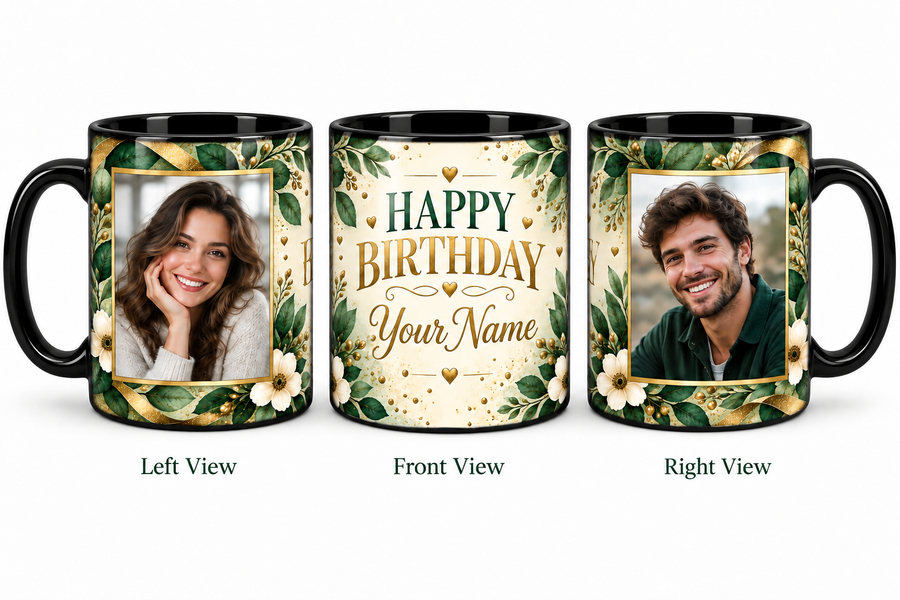 Green Botanical personalized two photo magic birthday mug