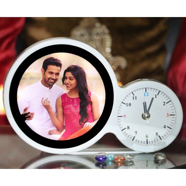 Personalised Round Magic Mirror Photo Frame with Desk Clock - Cartwala