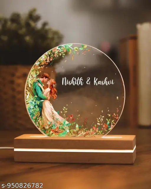 Cartwala Floral Crescent Couple Name LED Lamp with Wooden Base