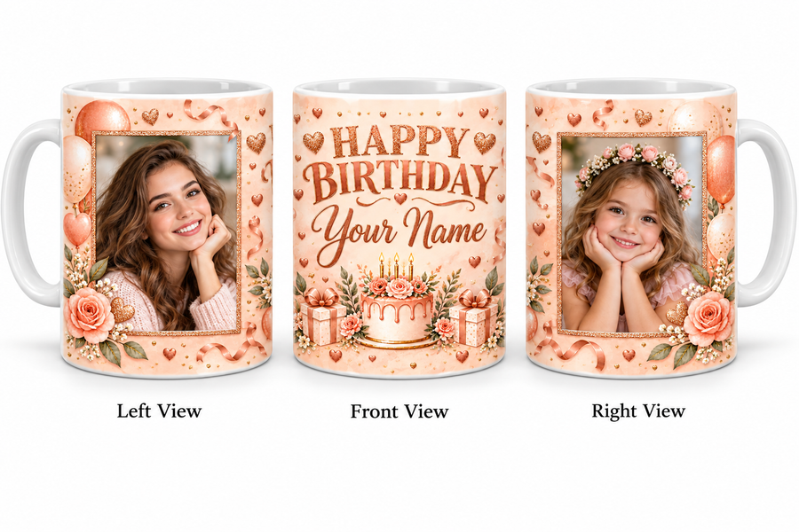 Peach Gold Celebration personalized two photo birthday classic white mug