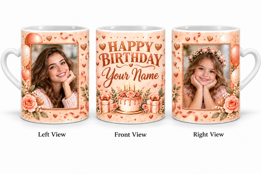 Peach Gold Celebration personalized two photo birthday white love handle mug