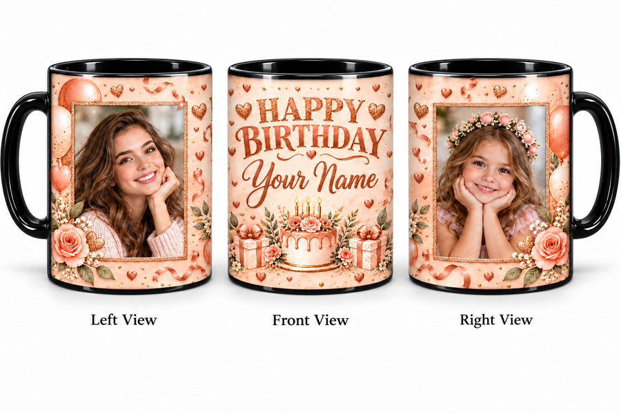 Peach Gold Celebration personalized two photo magic birthday mug