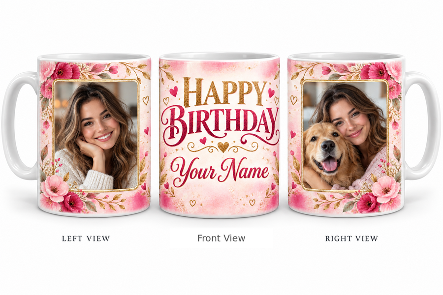 Pink Floral personalized two photo birthday classic white mug