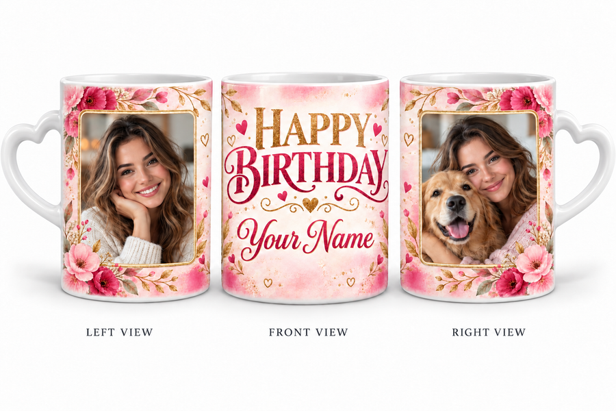 Pink Floral personalized two photo birthday white love handle mug