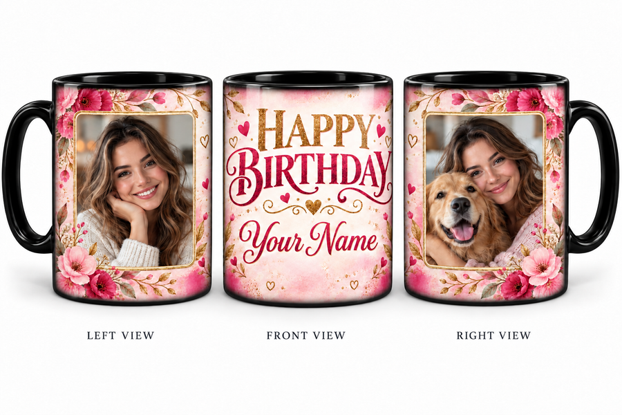 Pink Floral personalized two photo magic birthday mug