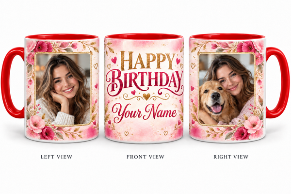 Pink Floral personalized two photo birthday red inner colour mug