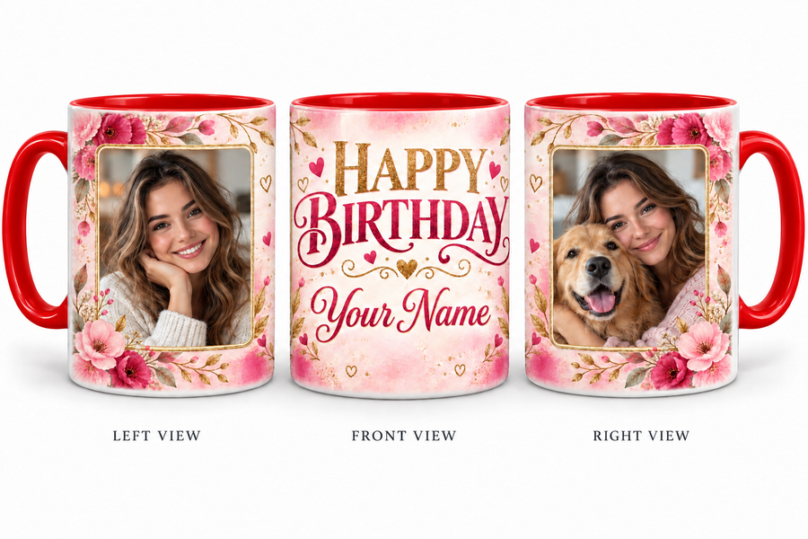 Pink Floral personalized two photo birthday red inner colour mug