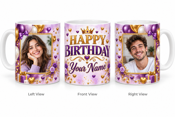 Purple Party personalized two photo birthday classic white mug