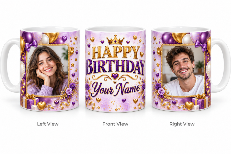 Purple Party personalized two photo birthday classic white mug