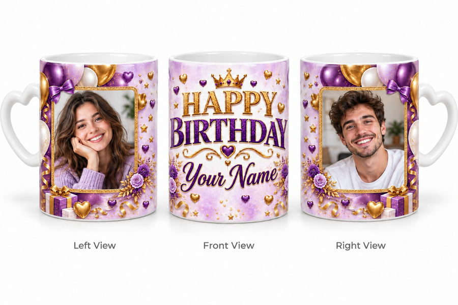 Purple Party personalized two photo birthday white love handle mug