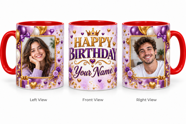 Purple Party personalized two photo birthday red inner colour mug