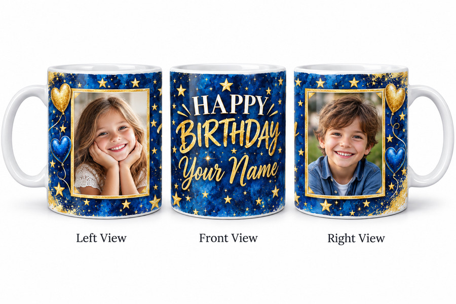Royal Blue Gold personalized two photo birthday classic white mug