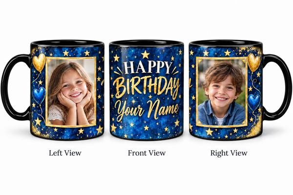 Royal Blue Gold personalized two photo magic birthday mug