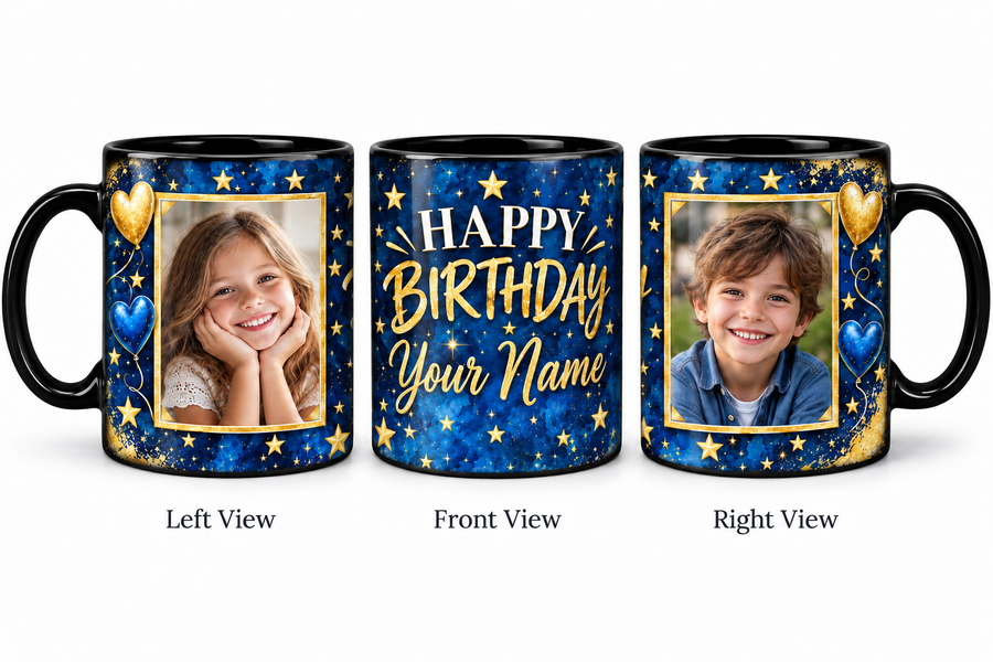 Royal Blue Gold personalized two photo magic birthday mug