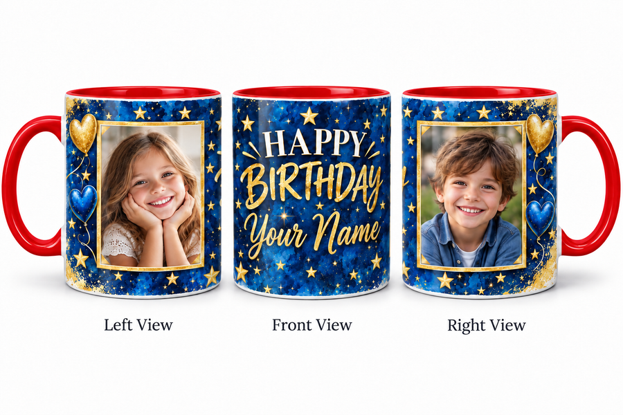 Royal Blue Gold personalized two photo birthday red inner colour mug