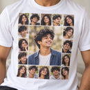 Close-up of a personalized Signature Day T-shirt worn with a group collage and larger central portrait