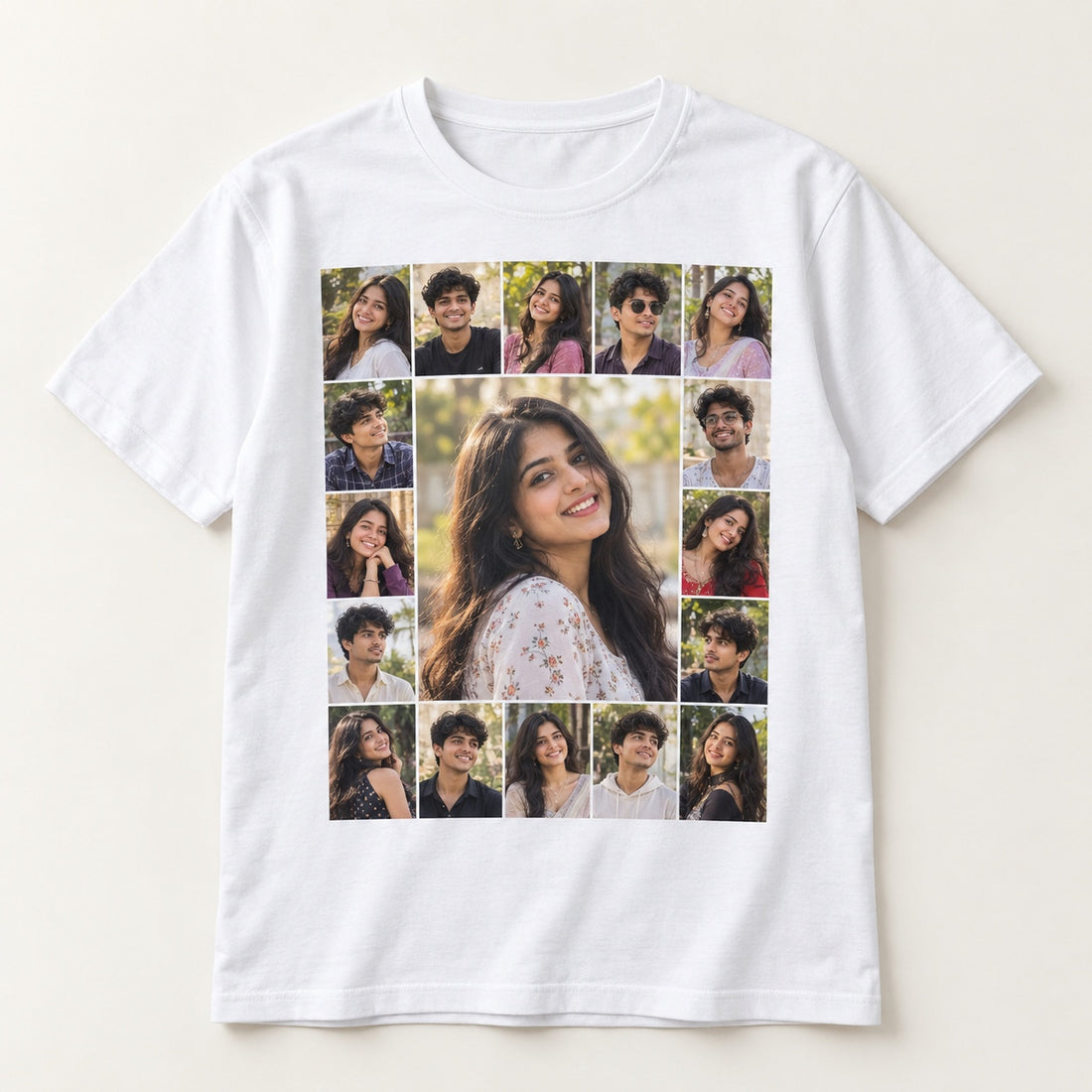 White Signature Day T-shirt with college photo collage and a larger student portrait in the centre