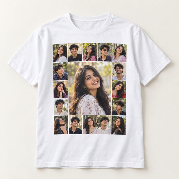 White Signature Day T-shirt with college photo collage and a larger student portrait in the centre