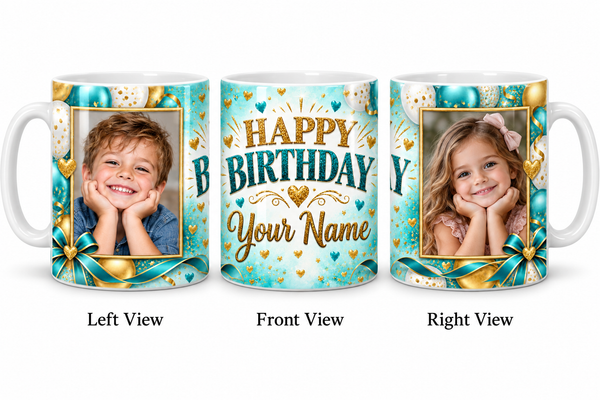 Turquoise Confetti personalized two photo birthday classic white mug