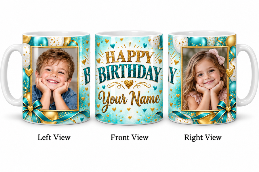 Turquoise Confetti personalized two photo birthday classic white mug