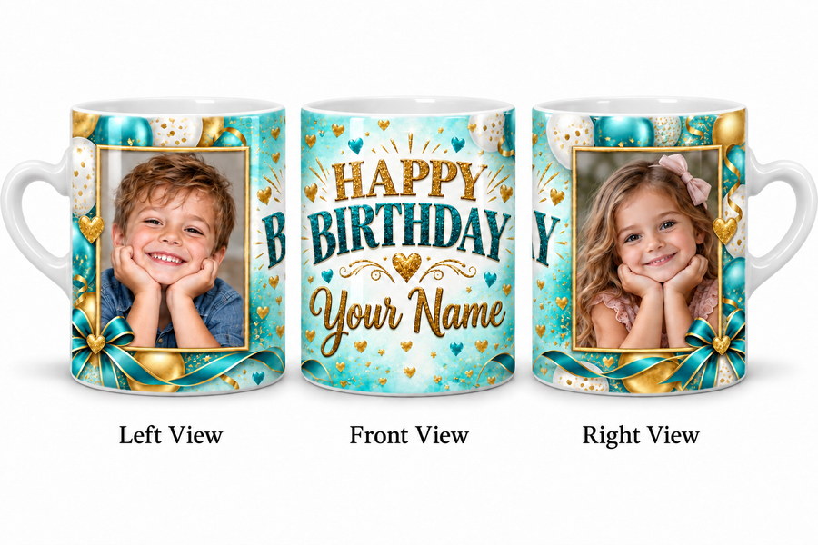 Turquoise Confetti personalized two photo birthday white love handle mug