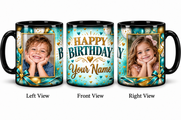 Turquoise Confetti personalized two photo magic birthday mug