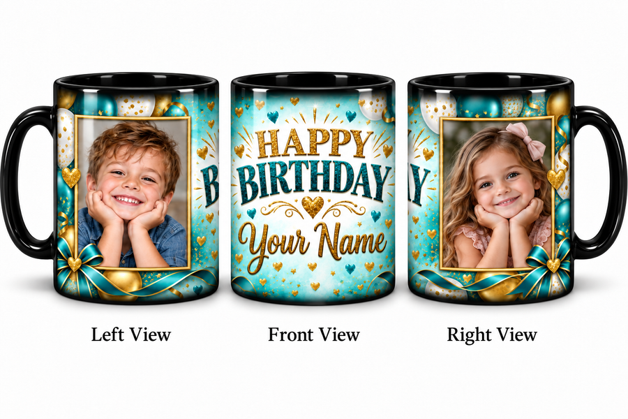 Turquoise Confetti personalized two photo magic birthday mug