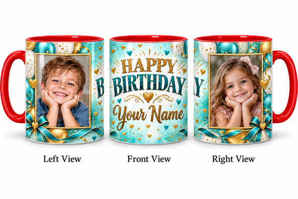 Turquoise Confetti personalized two photo birthday red inner colour mug