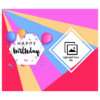 Vibrant Happy Birthday mouse pads featuring bright pink, yellow, and blue design with balloons, confetti, and a customizable photo/text section.